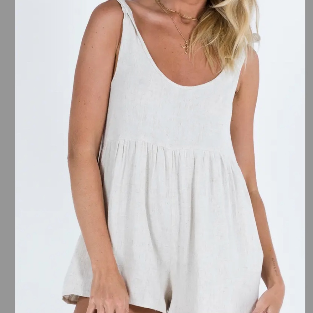 Princess Polly Tay Tie Strap Linen Blend Romper in beige
